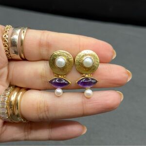 Vintage 1980’s 14K Gold Amethyst & Pearl Handmade Earrings
